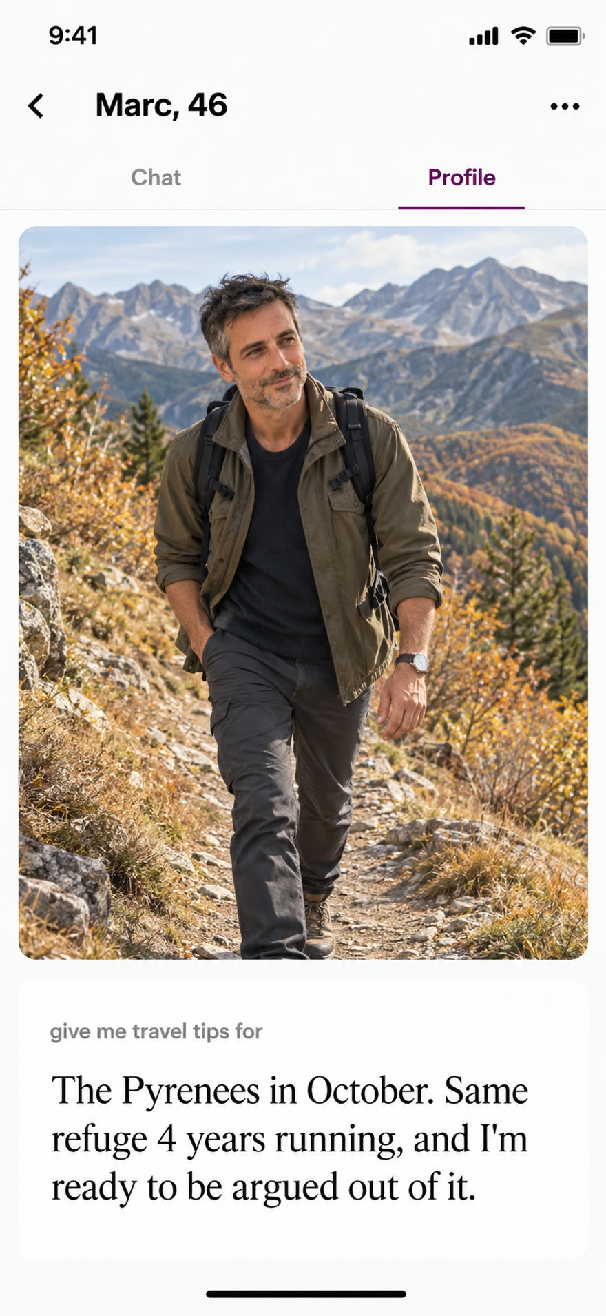 Marc walking a Pyrenees trail in October with a pack and no summit pose, beside his answer about returning to the same refuge for 4 years.