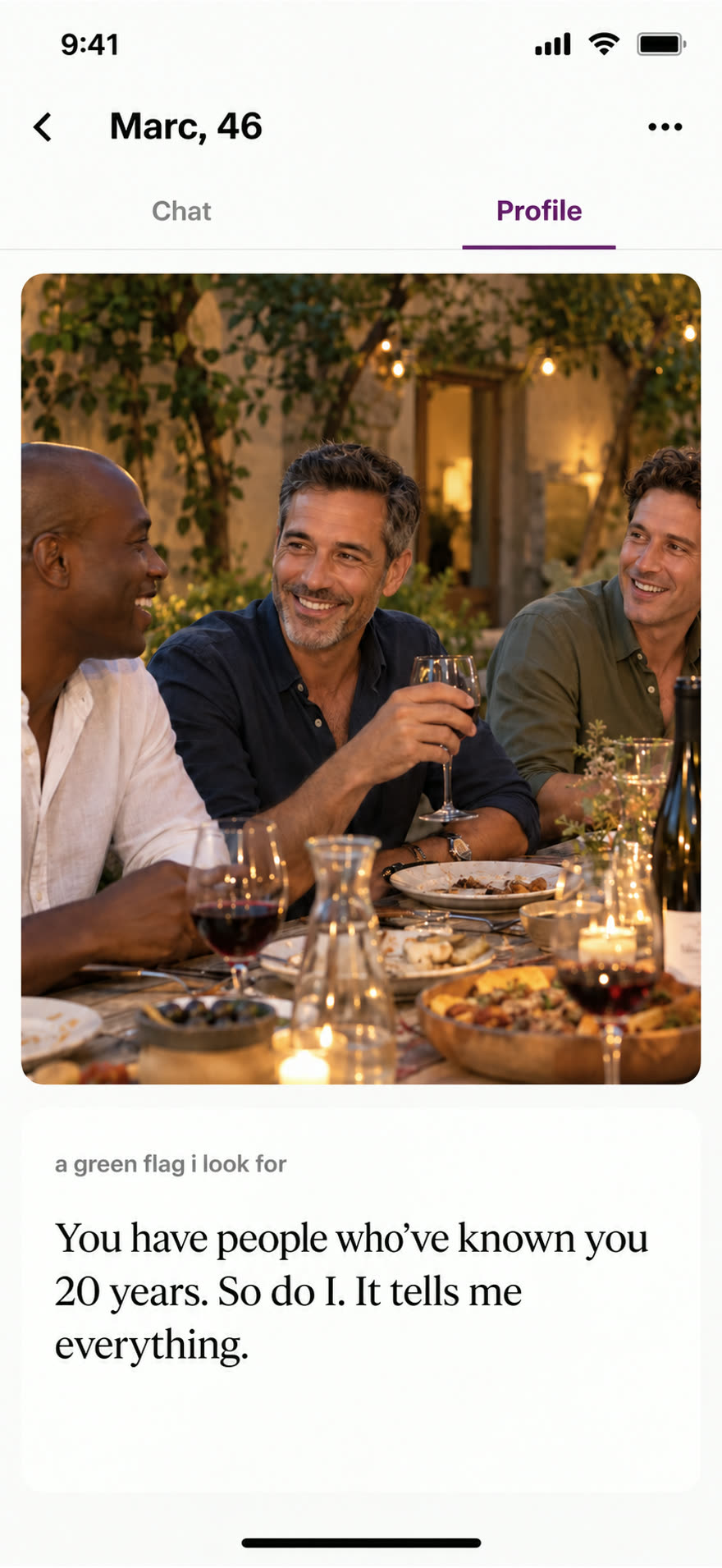 Marc at a long outdoor table in the evening with 2 friends, clearly identifiable, beside his answer about friends of 20 years.