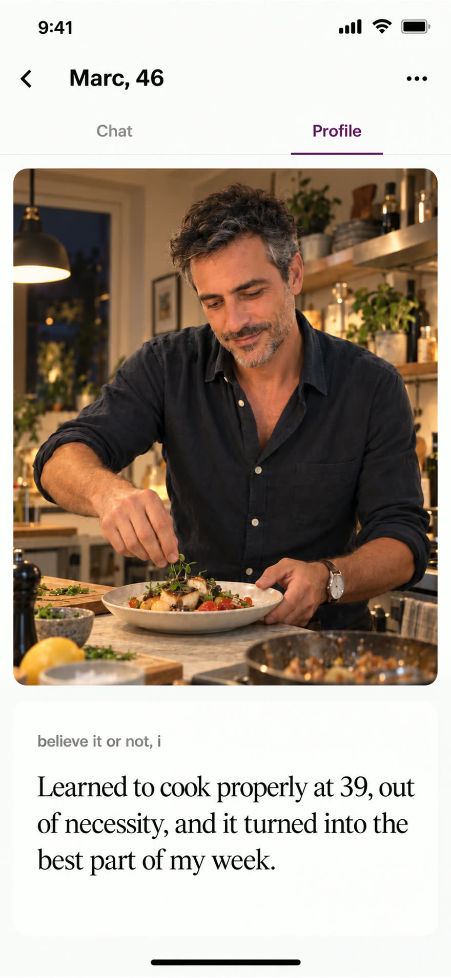 Marc plating food properly in his home kitchen at night, sleeves up under a warm lamp, alongside his answer about learning to cook at 39 out of necessity.